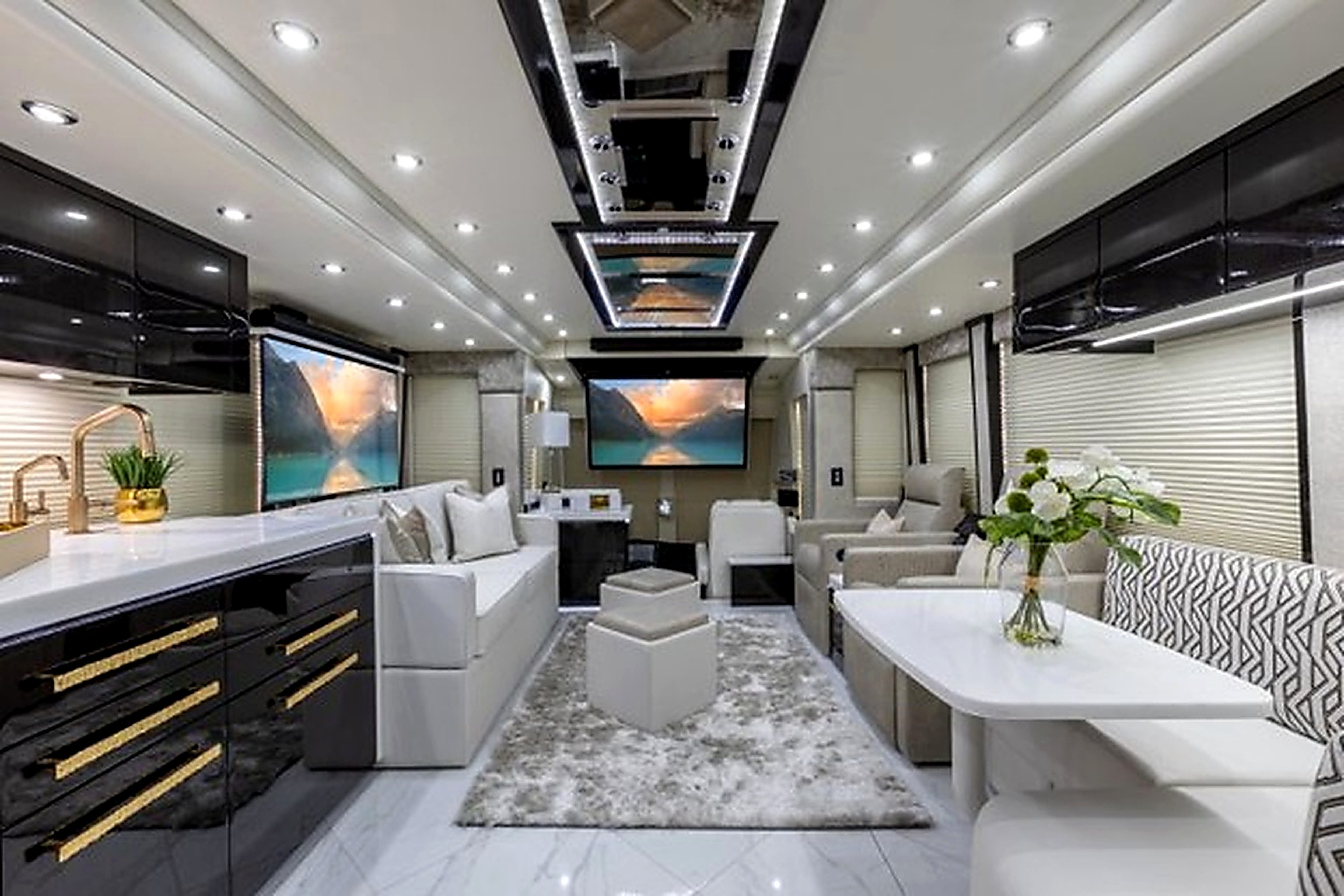 Luxury Prevost motorcoach interior lounge